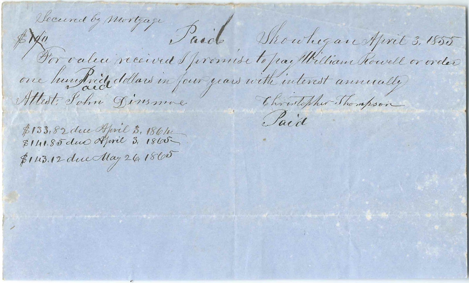 Heirlooms Reunited 1855 Document, Skowhegan, Maine Christopher