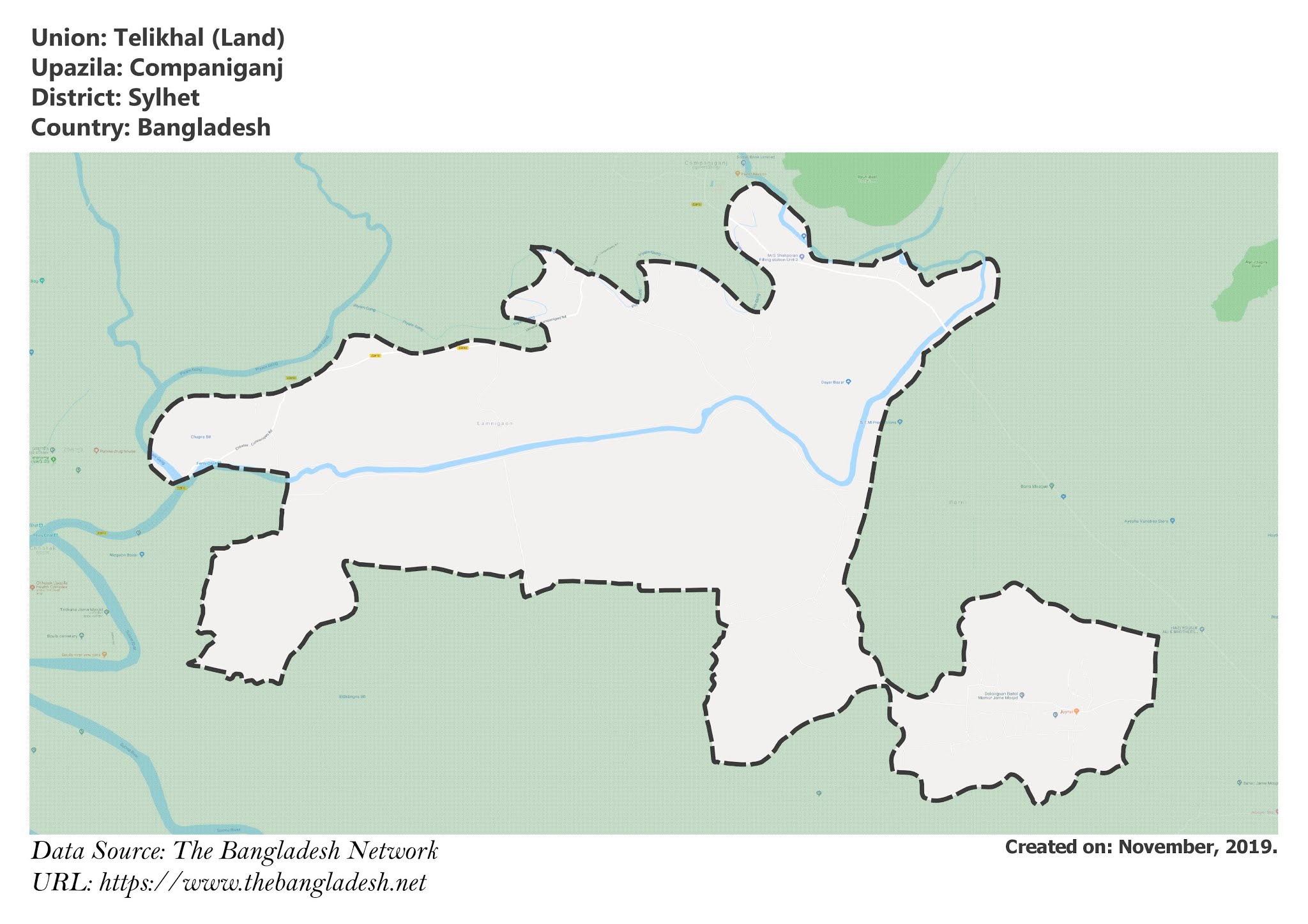 Map of Telikhal of Sylhet, Bangladesh.