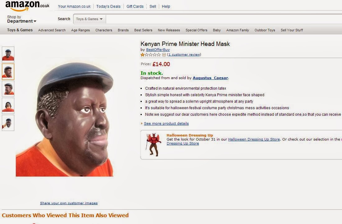 Raila Odinga's Mask For Sale on Amazon as a Creepy Halloween Costume
