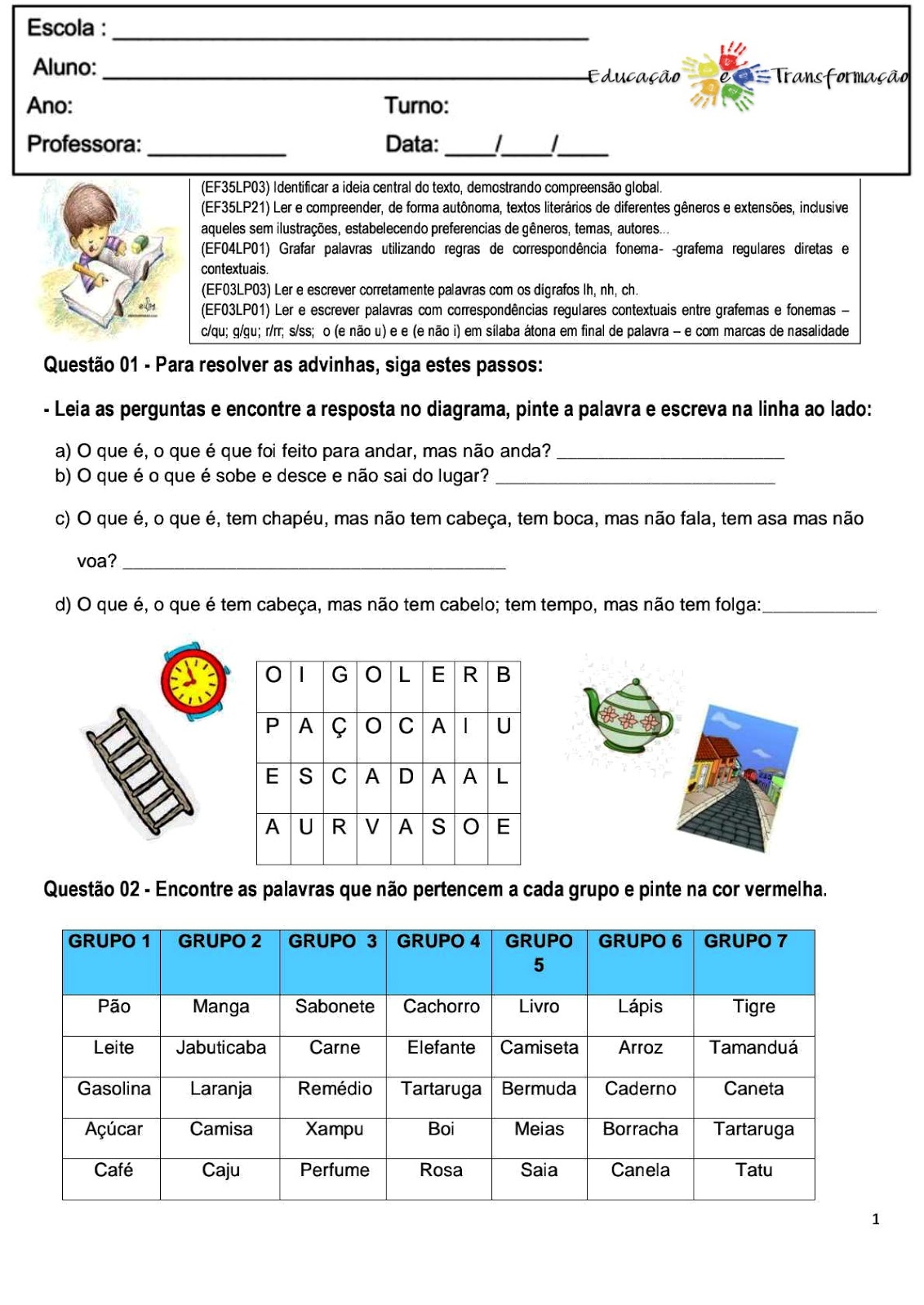 Língua portuguesa ano Atividade de língua portuguesa para o ano do ensino fundamental