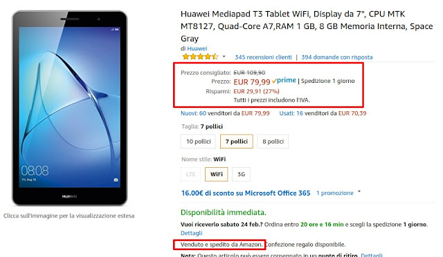 Huawei Mediapad T3 7 in offerta a 79 euro venduto e spedito da Amazon