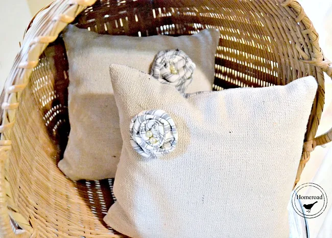 Small rosette DIY drop cloth and ticking pillows