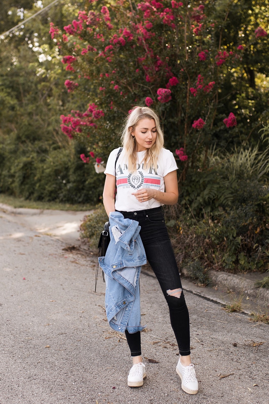 graphic tee + high-waisted jeans