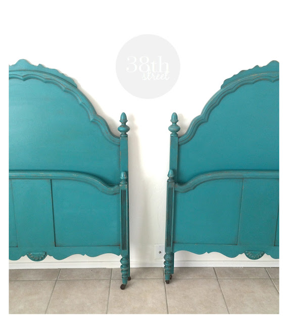 twin beds, matching turquoise beds, matching beds, pair of beds, annie sloan florence, girls room, vintage beds