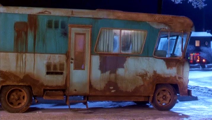 A rundown RV is parked in front of the Griswold's house for Christmas