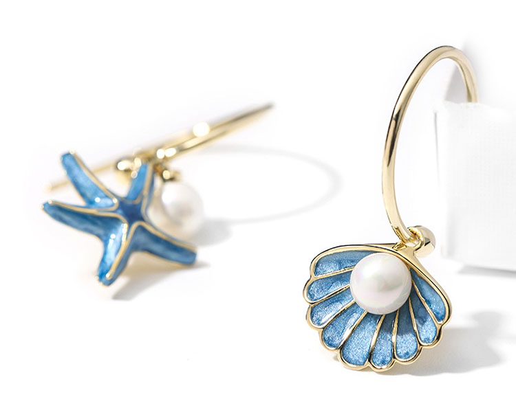 藍色海星．貝殼擬珍珠耳環