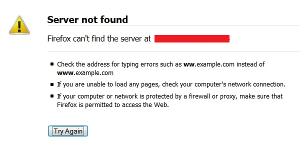 Firefoxでサーバーが見つからないというエラー