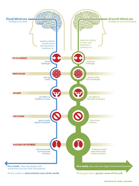 One-pager graphic showing the differences between fixed versus growth mindsets.