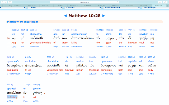 English Standard Version And do not fear those who kill the body but cannot kill the soul. Rather fear him who can destroy both soul and body in hell.Matthew 10:28.