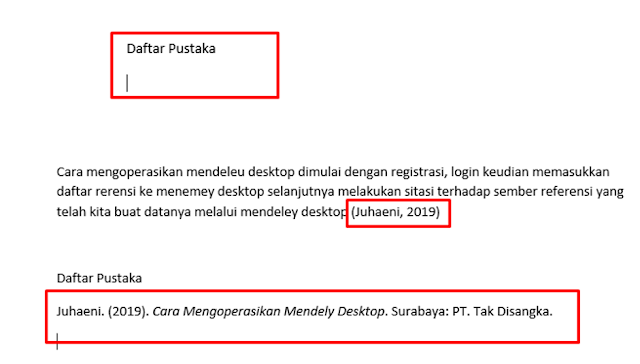 caranya cukup mudak tinggal klik “Insert Bibliography” maka semua sumber referensi yang sudah kita sitasi secara otomatis akan tampil dan sudah tertata dengan rapi