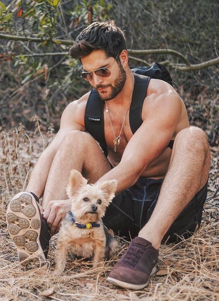 handsome-bearded-shirtless-hipster-sunglasses-dude-nature-walking-small-dog-pet