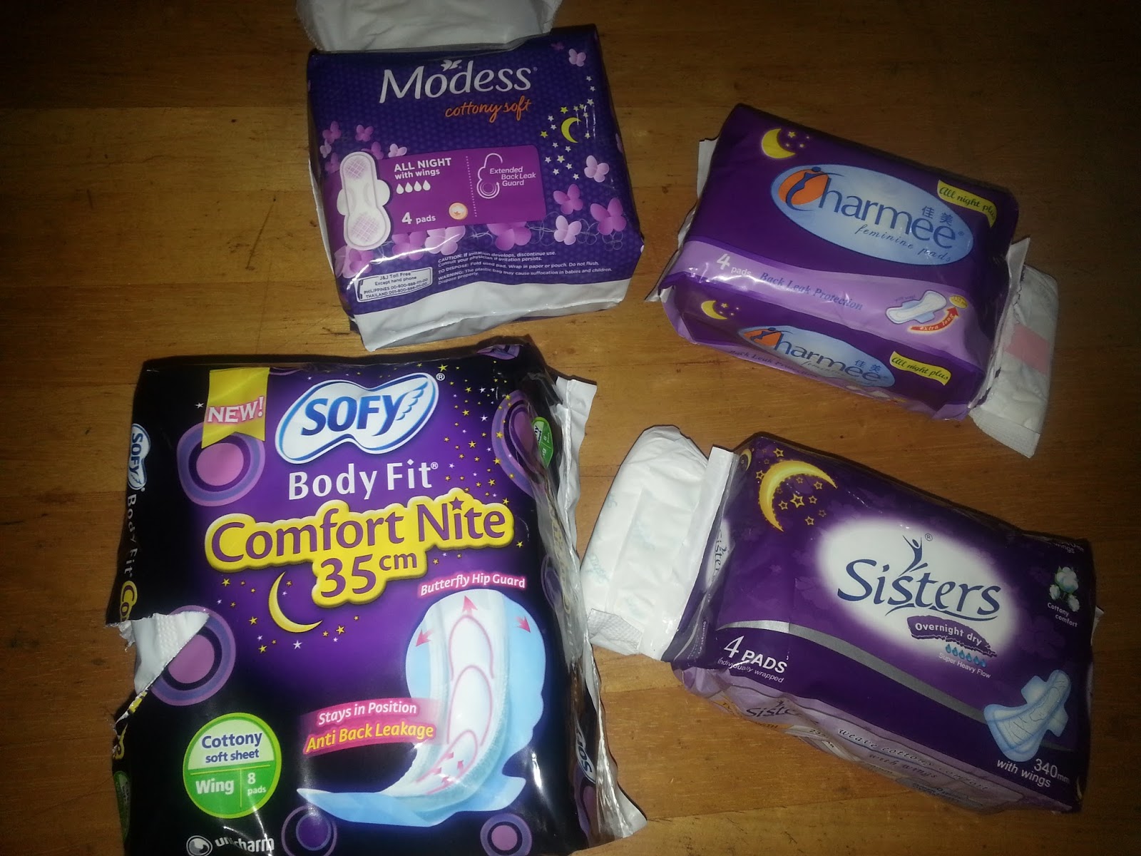 Silly Sloth Sanitary Pad Comparison Modess vs Charmee vs Sisters vs Sofy