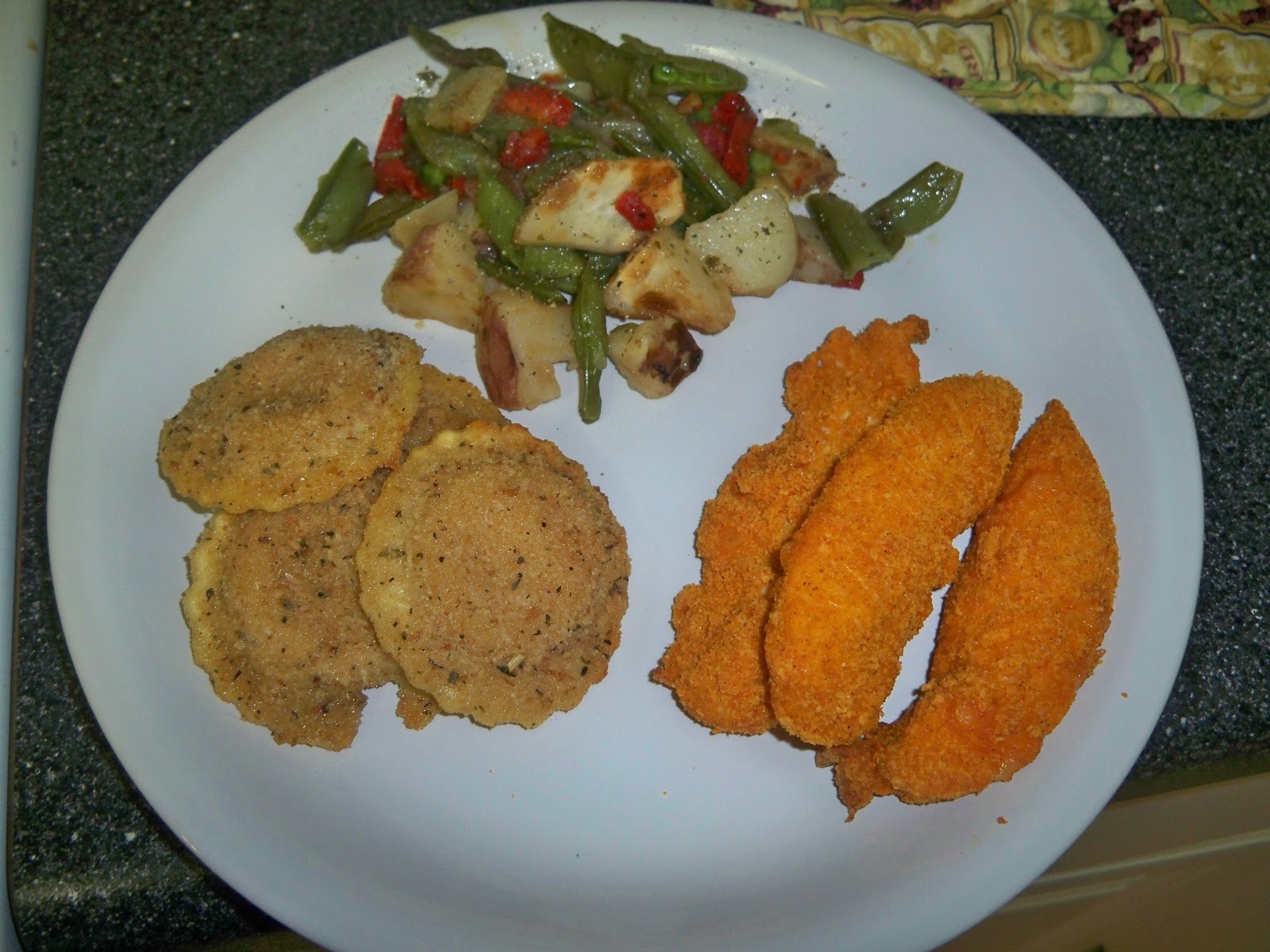 Megan's Meals Shake N Bake Buffalo Chicken w/ Oven Fried Sweet Potato Ravioli