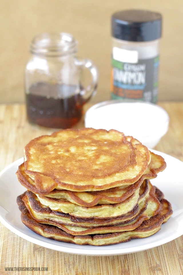 An easy recipe for healthy banana pancakes made with as little as four ingredients, such as banana and egg. You can whip these together in about ten minutes and eat a stack without feeling like you need to take a nap afterward!