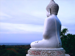 Natural Scenery Behind Big White Buddha Statue At Buddhist Temple, North Bali, Indonesia