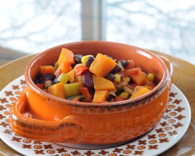 Vegetable Chili with Sweet Potatoes & Chipotle ♥ AVeggieVenture.com, a confetti of colorful vegetables and beans warmed with chili spices.