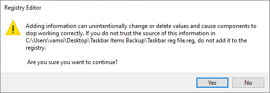 backup pinned taskbar icons windows warning message