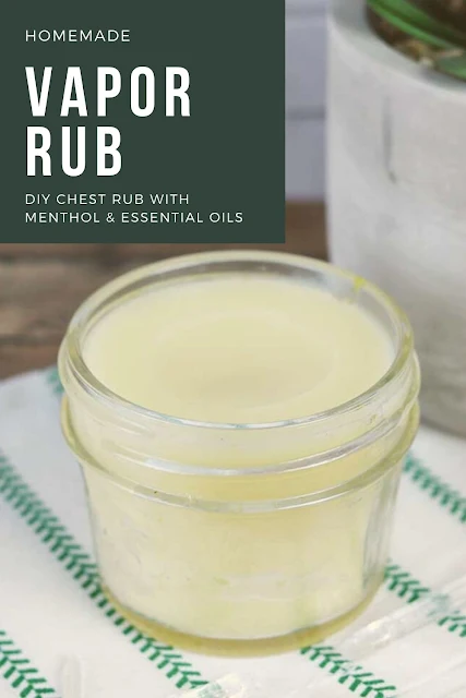 How to make DIY vapor rub with menthol and essential oils. Use this chest rub for cough or for colds. This is a natural vicks recipe made with menthol crystals and pine scotch and mandarin essential oils.  You can also use eucalyptus EO. Make home made vicks for relief from symptoms. Homemade DIY vix is easy to make with 3 ingredients plus the essential oils. #vaporrub #chestrub #essentialoils