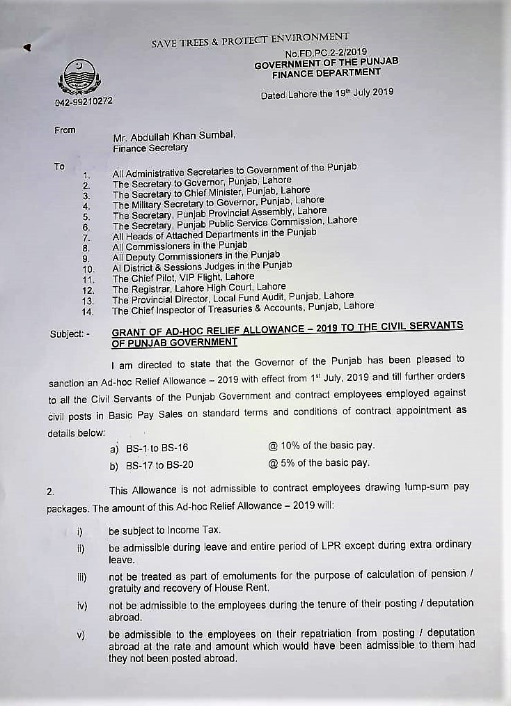 GRANT OF ADHOC RELIEF ALLOWANCE 2019 TO THE CIVIL SERVANTS OF PUNJAB ...