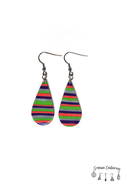 Boucles d'oreilles pâte polymère rayures violet vert corail argent Cernit Fimo Stenna Création