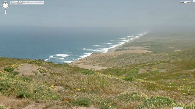 Google Street view capture of pt. reyes national seashore, from a hill looking down