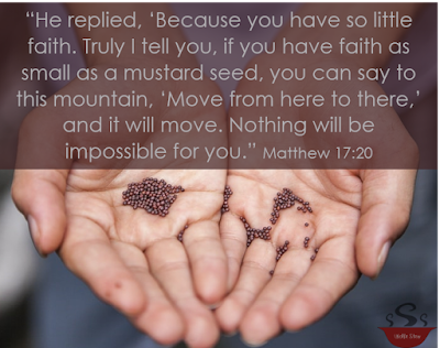Text that features the verse with open hands holding mustard seeds beneath.
