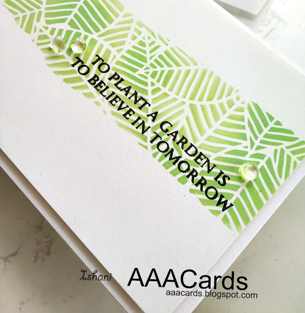 AAA Cards, Funky Fossil Designs, Foliage stencil, stenciling, stencil card, Stretch your stencils, CAS card, Quillish, Clean and simple card, leaf stencil