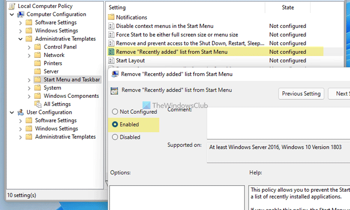 Как показать или скрыть рекомендуемый список в меню «Пуск» в Windows 11