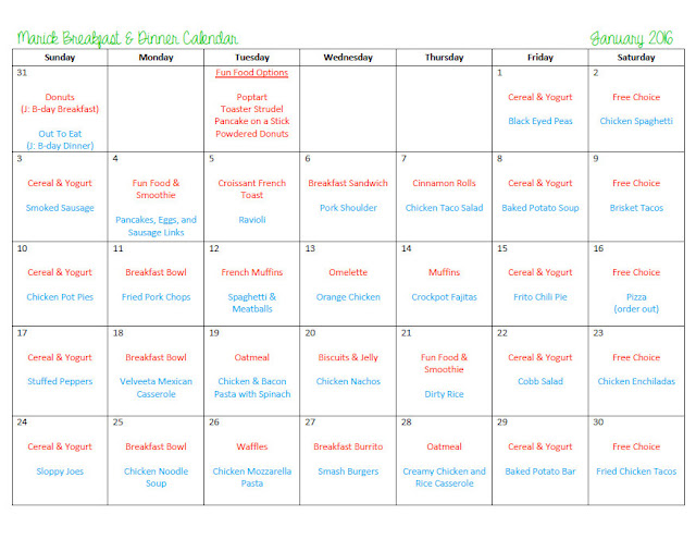 Bitty Little Kisses: Breakfast & Dinner Calendars