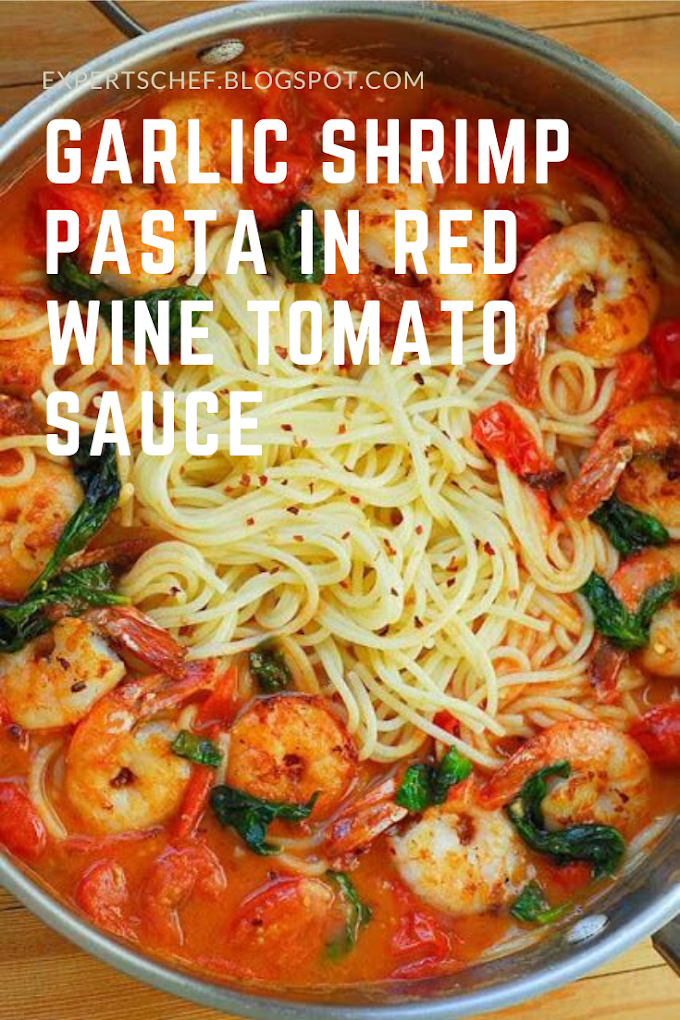 GARLIC SHRIMP PASTA IN RED WINE TOMATO SAUCE