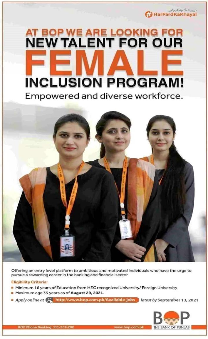 Bank Of Punjab BOP   Female Inclusion Program 2021 Apply Online Latest Jobs In Pakistan