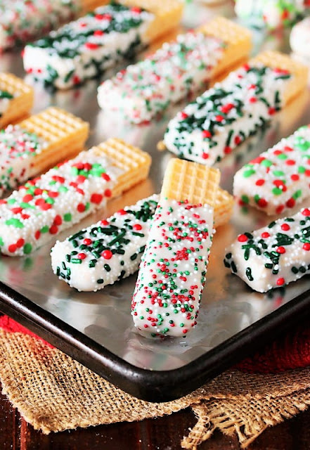 Christmas White Chocolate-Dipped Sugar Wafers with Sprinkles Image