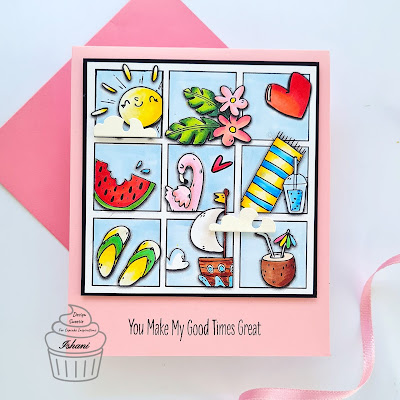 Summer theme card, Bugaboo Summer collage, MFT tweet friends, MFT Summer card,card with squares, Digital stamps, every day cards, Quillish