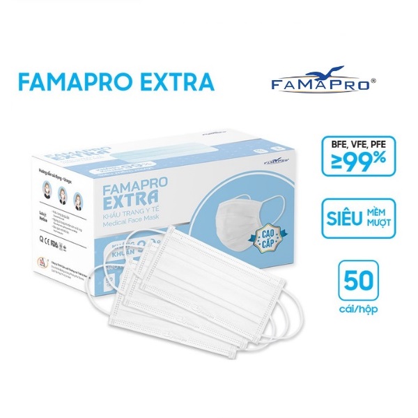 [Extra- HỘP 50 CÁI] Khẩu trang y tế kháng khuẩn 4 lớp Famapro Extra (50 cái/ hộp)