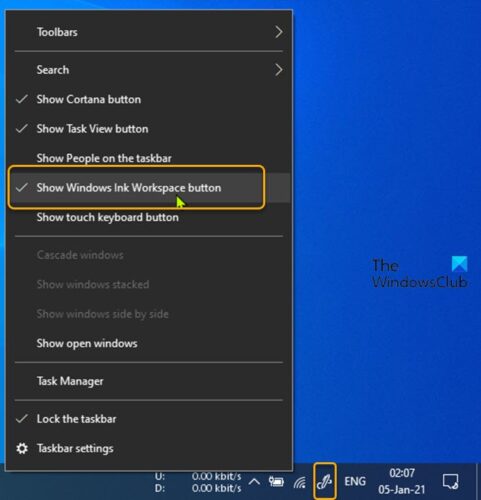 Verberg of toon de Windows Ink-werkruimteknop via het contextmenu van de taakbalk