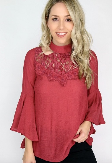Madison and Mallory LACE DETAIL BELL SLEEVE CHOKER TOP