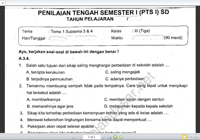 Soal Ulangan Kelas 3 K 13 Tema 1 Subtema 3 Dan 4 Jihan Plasma
