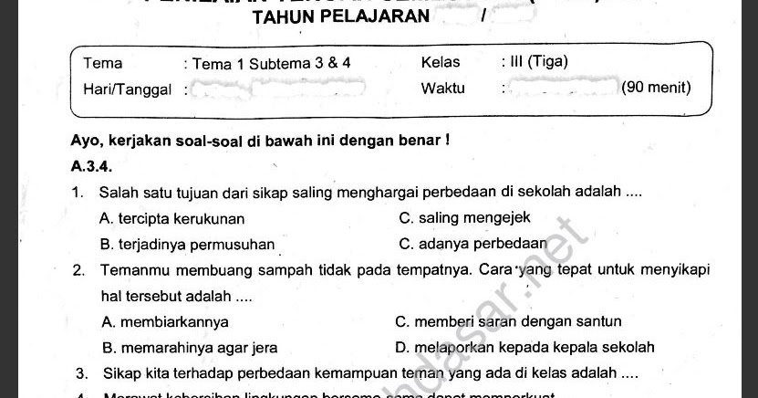 Contoh soal kemampuan dasar kelas 3