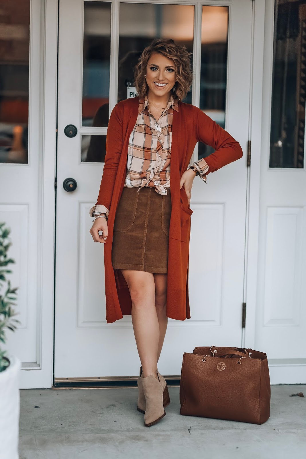 The Perfect Plaid Button Down With Longline Cardigan (both under $30) & Cord Skirt - Something Delightful Blog #fallstyle #targetstyle #fallfashion #affordablestyle