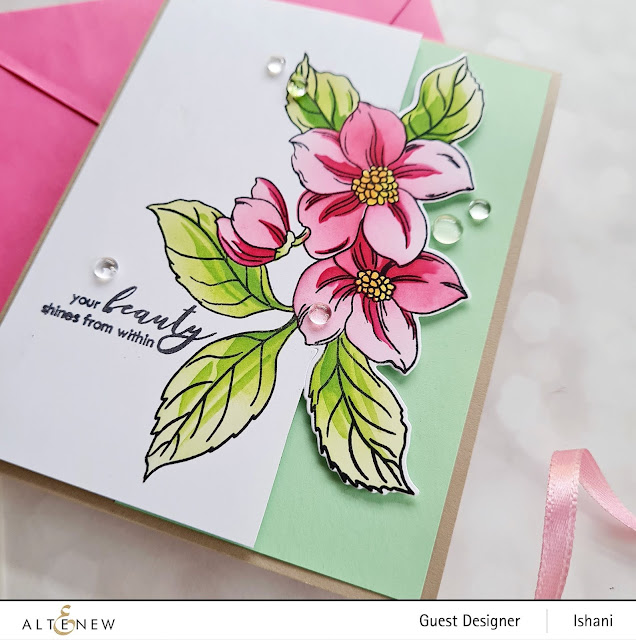 CAS Card Video tutorial cardmaking with Hello Beautiful, Altenew Craft your life kit - stenciled floral card, Partial die cutting, guest designer Ishani, quillish