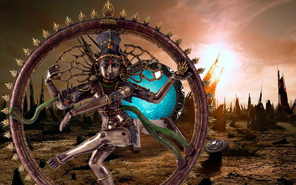 Estatua de bronce de shiva frente a un portal dimensional o stargate