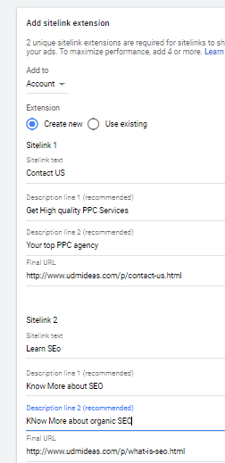 create site extensions for UDmideas in Google ad