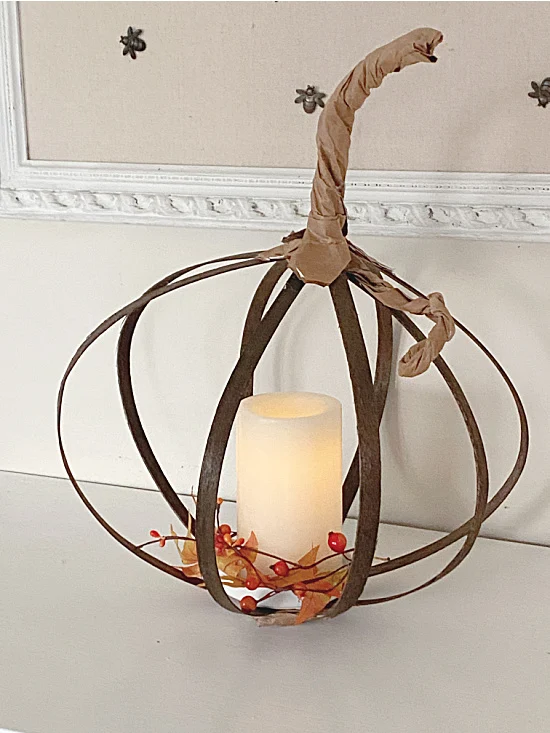 wooden slat pumpkin with candle