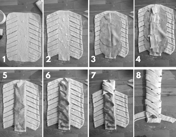 Stromboli trenzado con mortadela, queso y pimientos rojos. vía www.elgatogoloso.com