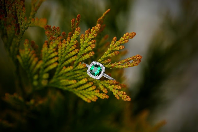 engagement ring on a leaf