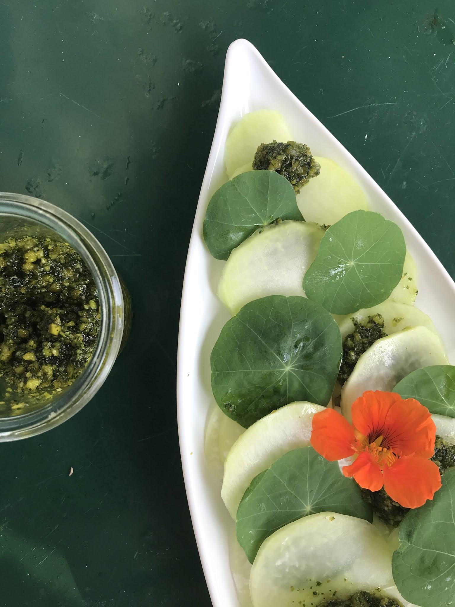 Passionately Raw! : Kohlrabi Carpaccio With Garlicky Nasturtium Leaf Pesto