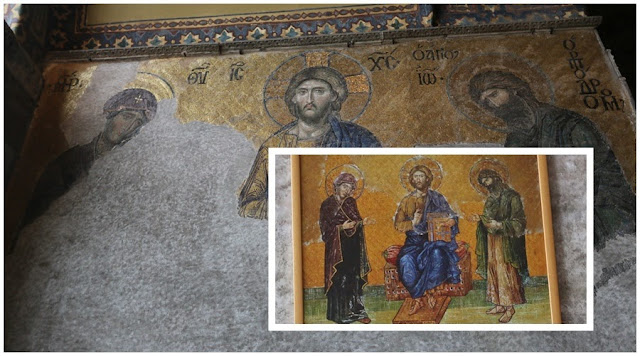 Mosaic Panel 13th Century consists of Chris on the middle, John the Baptist on the right and Virgin Mary on the left in Hagia Sophia at Sultanahmet in Istanbul, Turkey Mosaic Panel 13th Century consists of Chris on the middle, John the Baptist on the right and Virgin Mary on the left in Hagia Sophia at Sultanahmet in Istanbul, Turkey