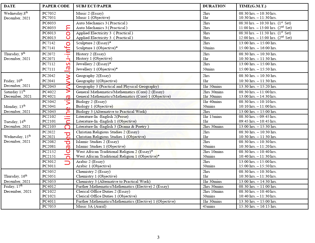 WAEC GCE Timetable Aug/Sept. 2nd Series [1st Nov 22nd Dec. 2021]