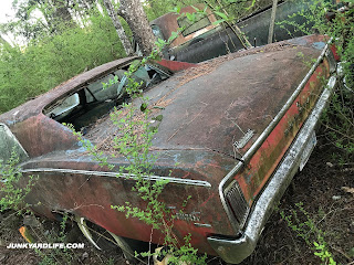 Red and rusty 1966 Pontiac Tempest two-door has no rear glass. It fell into the backseat due to the rot around the window channel.