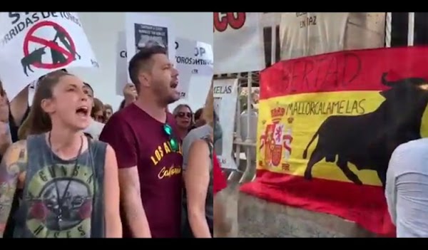 VÍDEO | "Cara al sol". Los taurinos intentan silenciar las protestas animalistas con la canción franquista en la vuelta de las corridas de toros en Mallorca